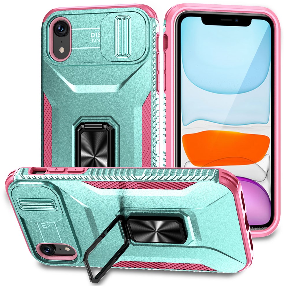 For iPhone XR Case TPU+PC Ring Kickstand Phone Cover Support Magnetic Car Mount -  Grey Green+Pink