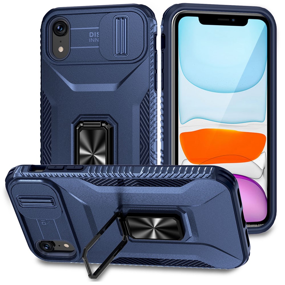 For iPhone XR Case TPU+PC Ring Kickstand Phone Cover Support Magnetic Car Mount -  Blue