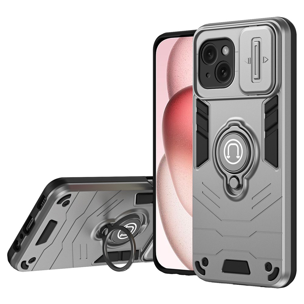 For iPhone 15 Plus Case Lens Protection PC+TPU Phone Cover with Kickstand - Grey