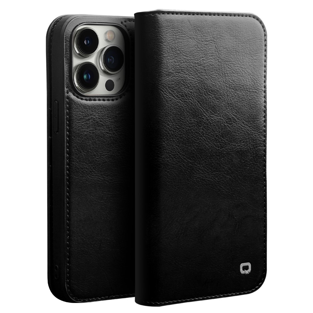 QIALINO For iPhone 14 Pro Max 6.7 inch Phone Flip Wallet Case Stand Drop-proof Genuine Leather Phone Cover - Black-1