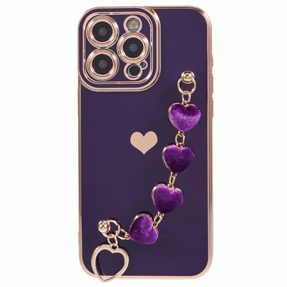 For iPhone 12 Pro TPU Case Electroplating Protective Phone Cover with Heart Chain Strap -  Dark Purple