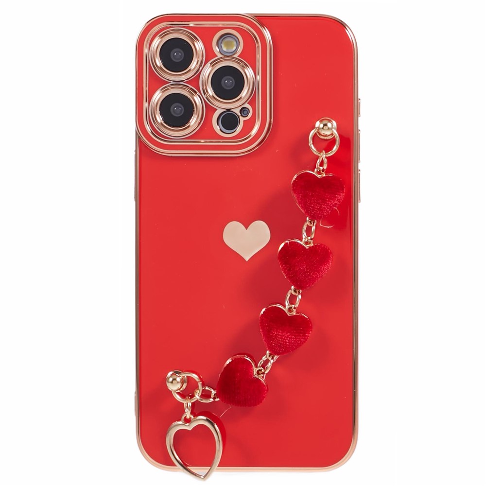 For iPhone 12 Pro TPU Case Electroplating Protective Phone Cover with Heart Chain Strap -  Red