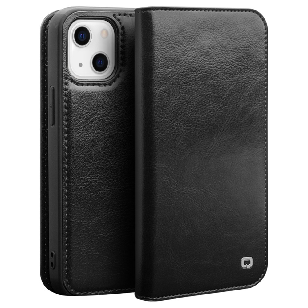 QIALINO For iPhone 14 Max 6.7 inch Full Protection Phone Flip Wallet Case Stand Drop-proof Genuine Leather Phone Cover - Black-1