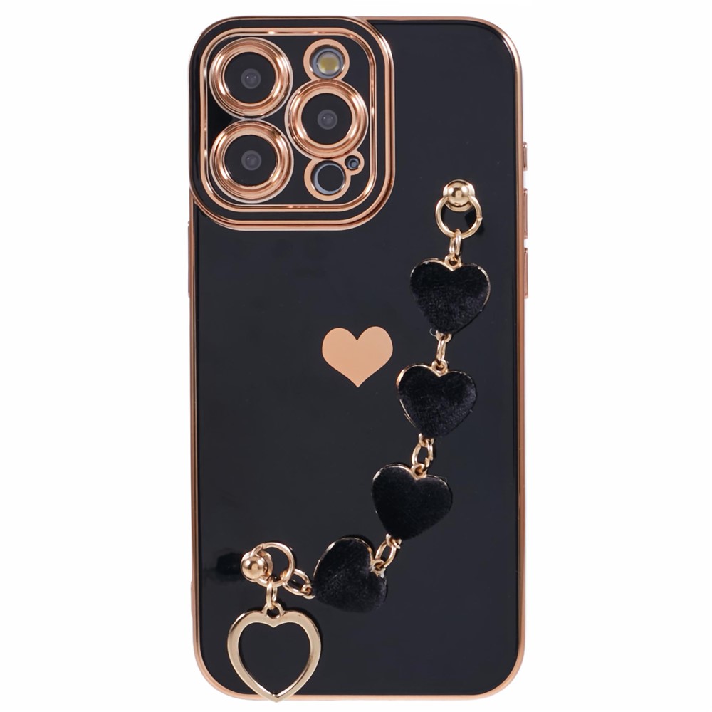 For iPhone 13 Pro Case Electroplating Edge Heart Pattern TPU Phone Cover with Strap - Black