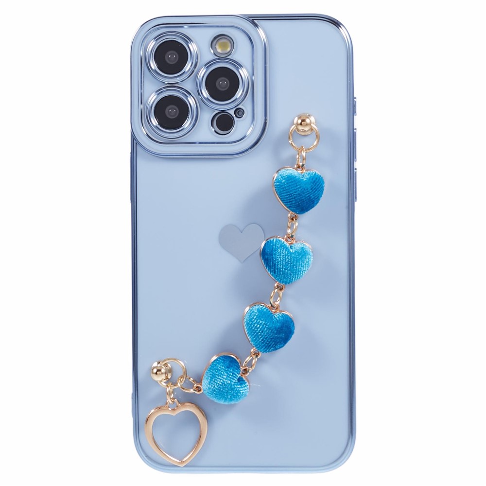 For iPhone 13 Pro Case Electroplating Edge Heart Pattern TPU Phone Cover with Strap - Blue