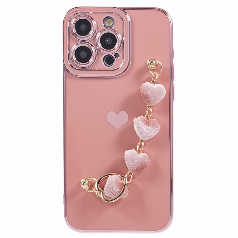 For iPhone 13 Pro Case Electroplating Edge Heart Pattern TPU Phone Cover with Strap - Pink