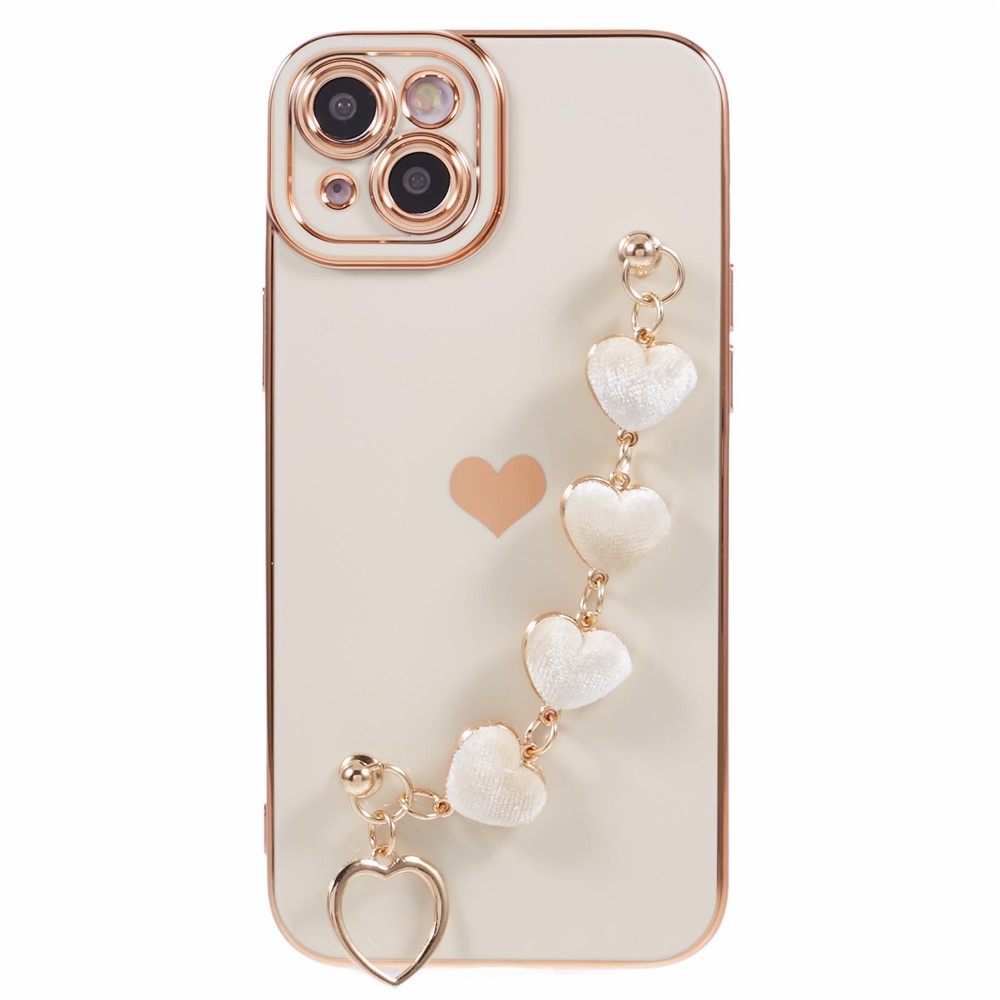 For iPhone 14 Case Electroplating Heart Pattern Soft TPU Phone Cover with Hand Strap - White