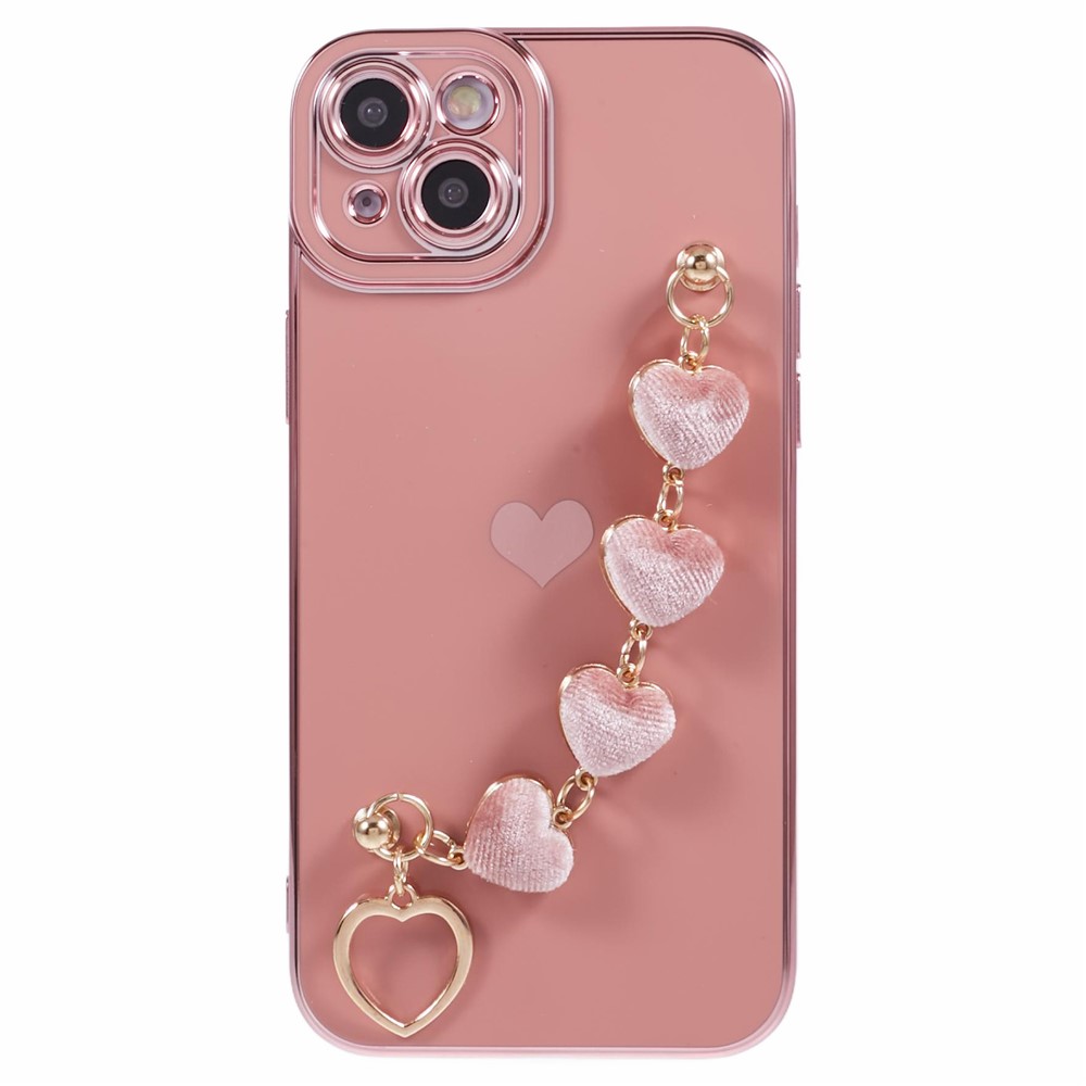 For iPhone 14 Case Electroplating Heart Pattern Soft TPU Phone Cover with Hand Strap - Pink