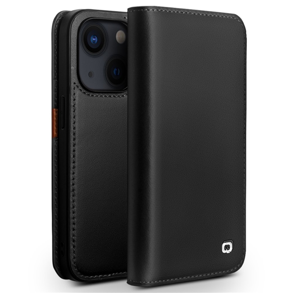 QIALINO For iPhone 14 6.1 inch Classic 2nd-Series Business Style Flip Phone Case Wallet Stand Shockproof Genuine Leather Anti-scratch Phone Cover - Black-1