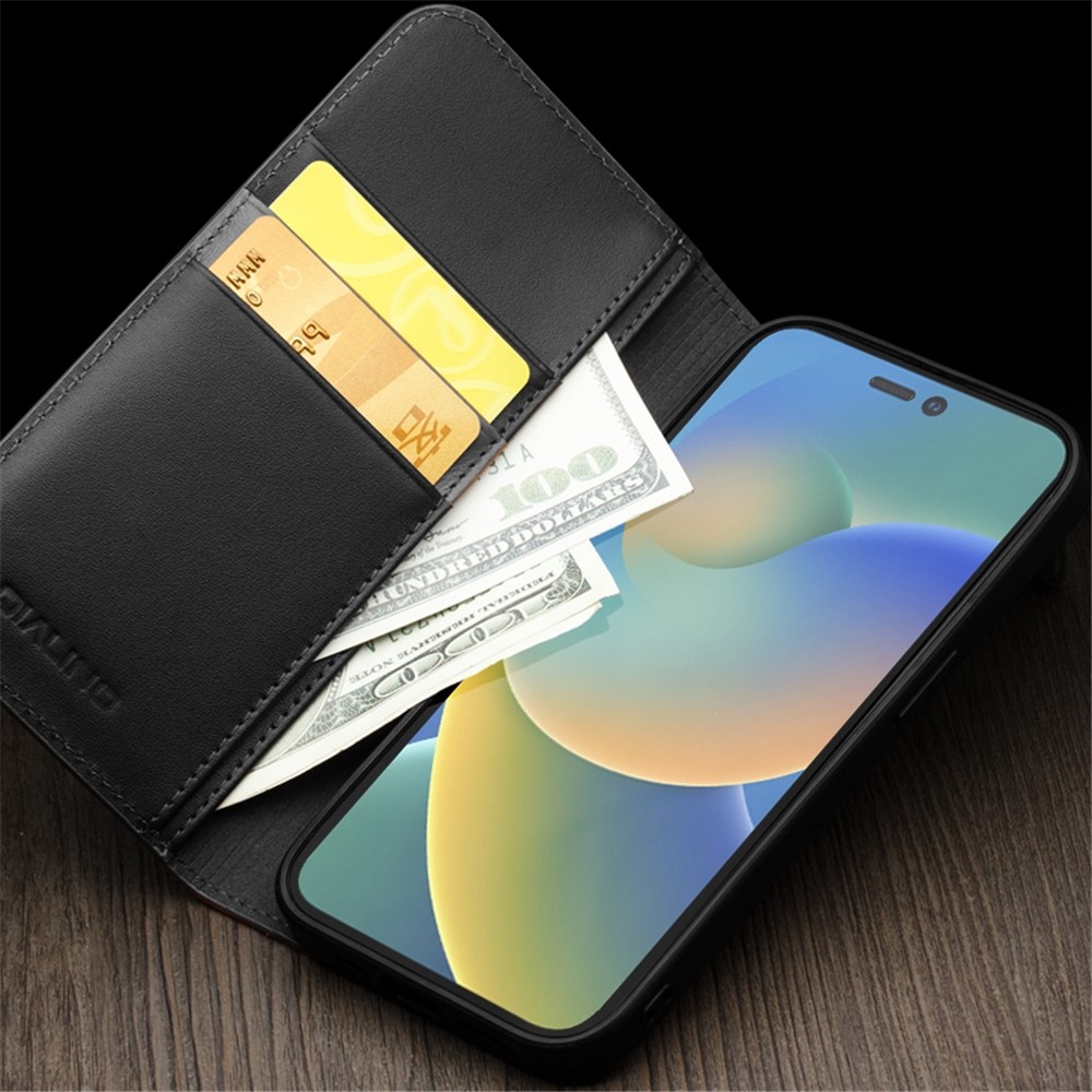 QIALINO For iPhone 14 6.1 inch Classic 2nd-Series Business Style Flip Phone Case Wallet Stand Shockproof Genuine Leather Anti-scratch Phone Cover - Black-2
