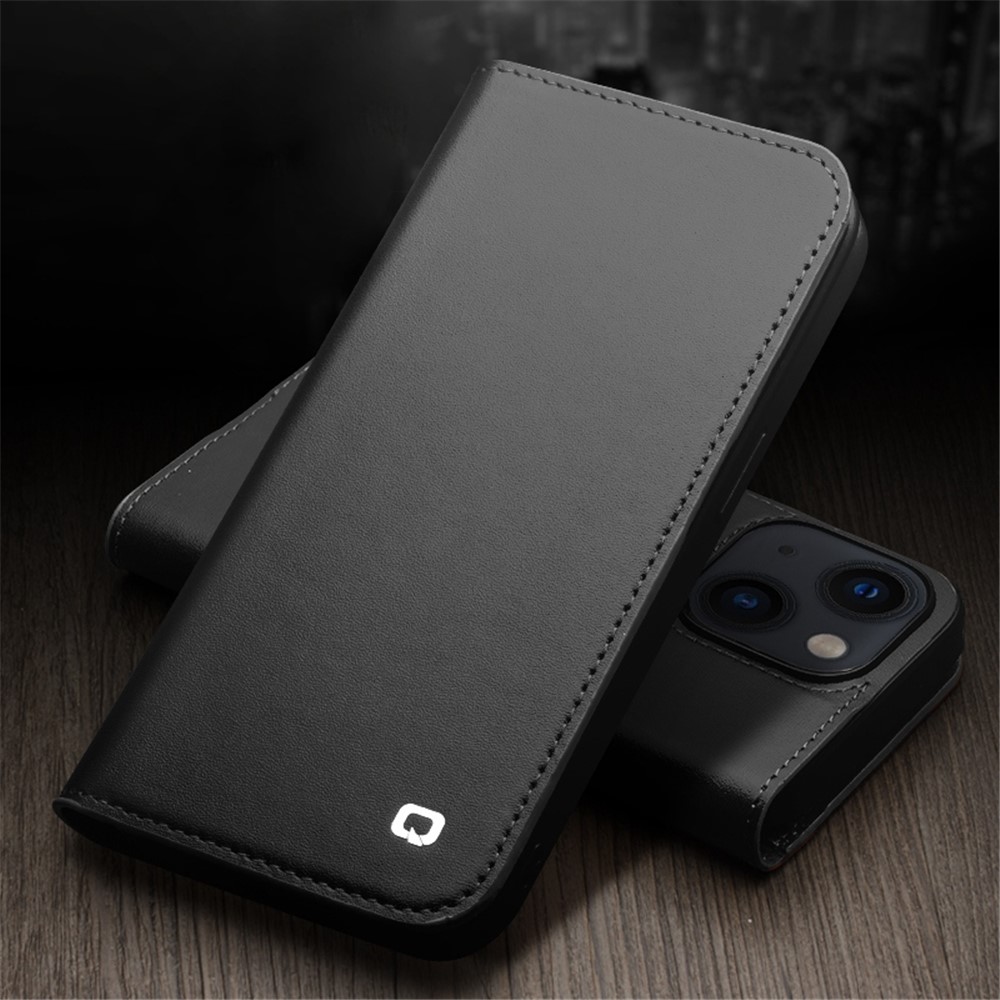 QIALINO For iPhone 14 6.1 inch Classic 2nd-Series Business Style Flip Phone Case Wallet Stand Shockproof Genuine Leather Anti-scratch Phone Cover - Black-5