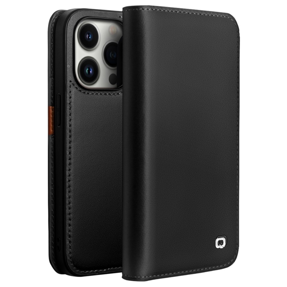 QIALINO For iPhone 14 Pro Max 6.7 inch Classic 2nd-Series Phone Case Flip Stand Wallet Cover Business Style Genuine Leather Phone Shell - Black-1