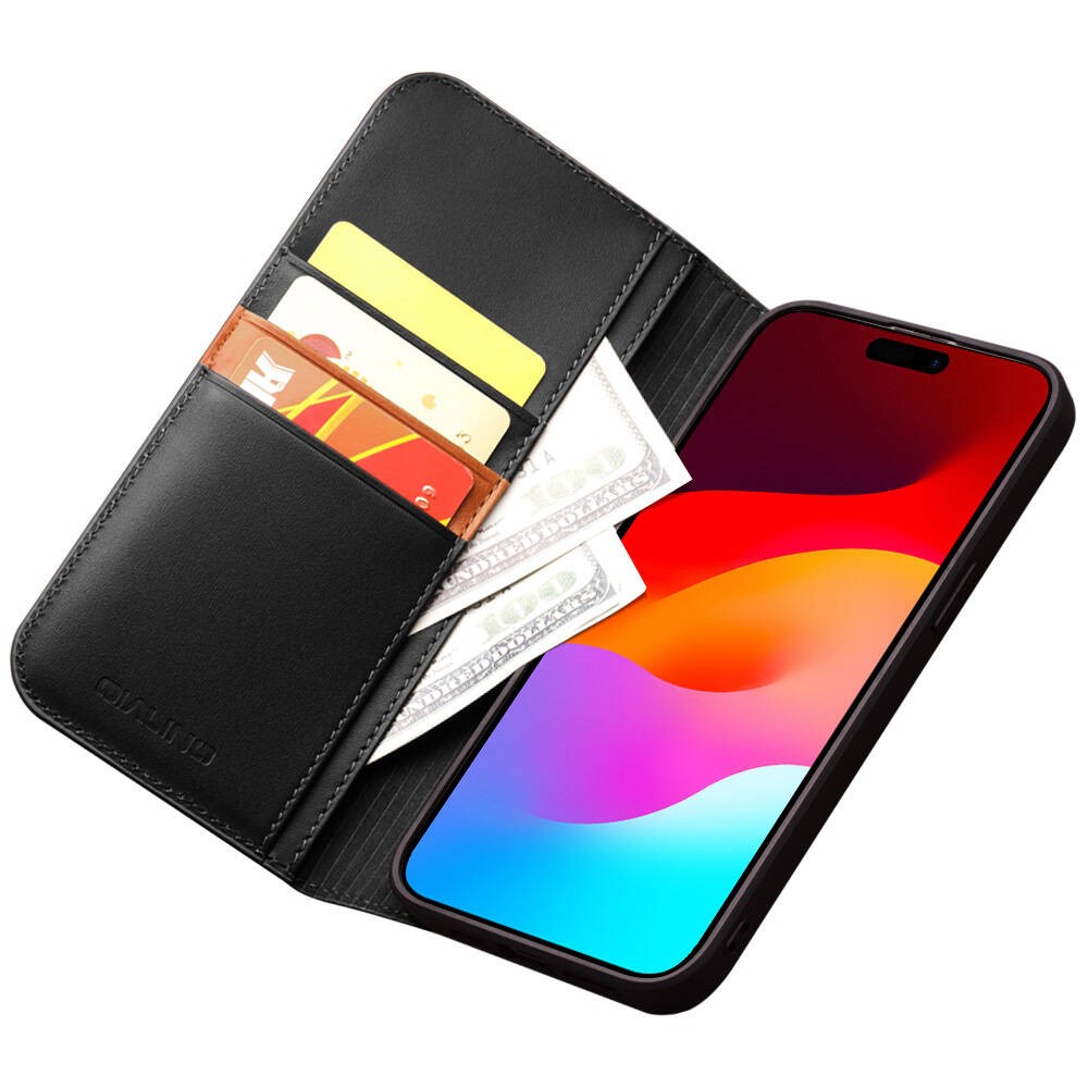 QIALINO For iPhone 14 Pro Max 6.7 inch Classic 2nd-Series Phone Case Flip Stand Wallet Cover Business Style Genuine Leather Phone Shell - Black-3