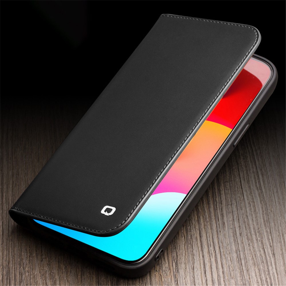 QIALINO For iPhone 14 Pro 6.1 inch Classic 2nd-Series Business Style Phone Case Stand Shockproof Genuine Leather Flip Wallet Cover - Black-6