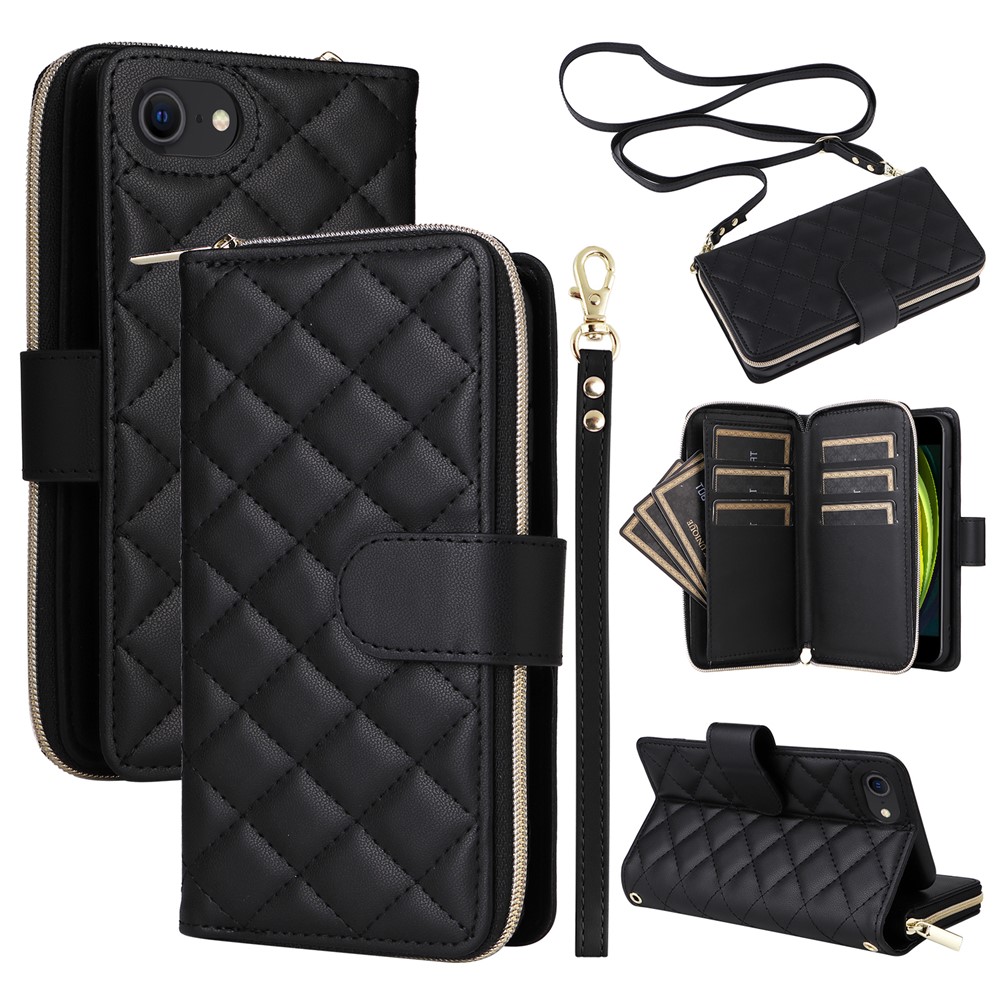 For iPhone 6 / 6s / 7 / 8 / SE (2020) / SE (2022) Case Zipper Wallet PU Leather Phone Cover -  Black