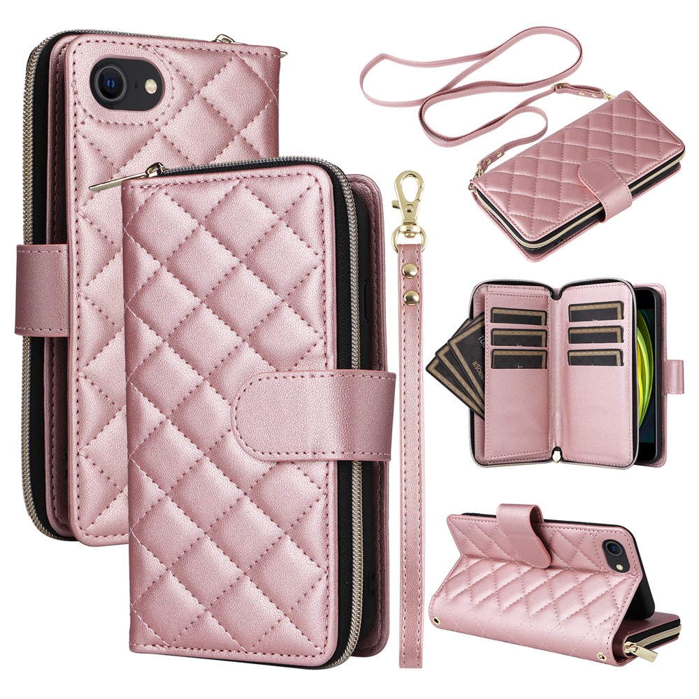 For iPhone 6 / 6s / 7 / 8 / SE (2020) / SE (2022) Case Zipper Wallet PU Leather Phone Cover - Rose Gold
