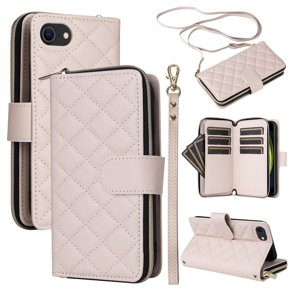 For iPhone 6 / 6s / 7 / 8 / SE (2020) / SE (2022) Case Zipper Wallet PU Leather Phone Cover - Beige
