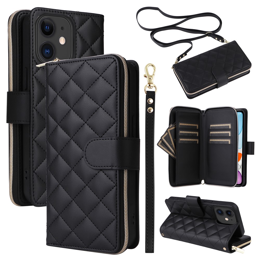 For iPhone 11 Case Leather Zipper Wallet Rhombus Phone Cover with Shoulder Lanyard - Black