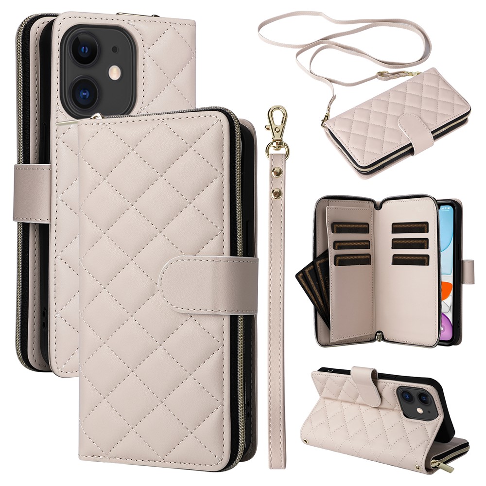 For iPhone 11 Case Leather Zipper Wallet Rhombus Phone Cover with Shoulder Lanyard - Beige