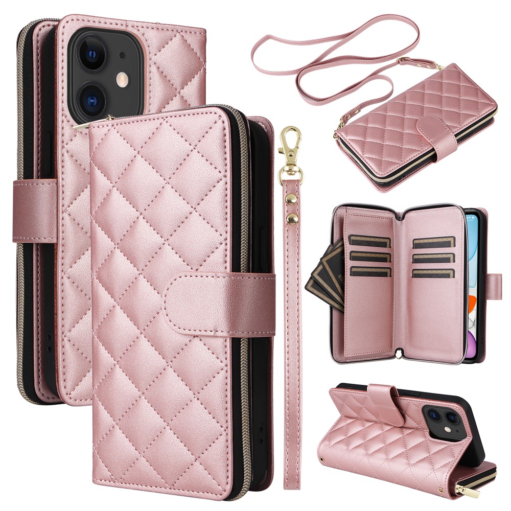 For iPhone 11 Case Leather Zipper Wallet Rhombus Phone Cover with Shoulder Lanyard - Rose Gold