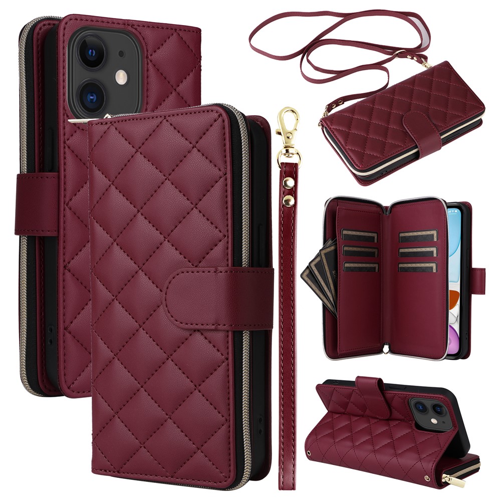 For iPhone 11 Case Leather Zipper Wallet Rhombus Phone Cover with Shoulder Lanyard - Wine Red