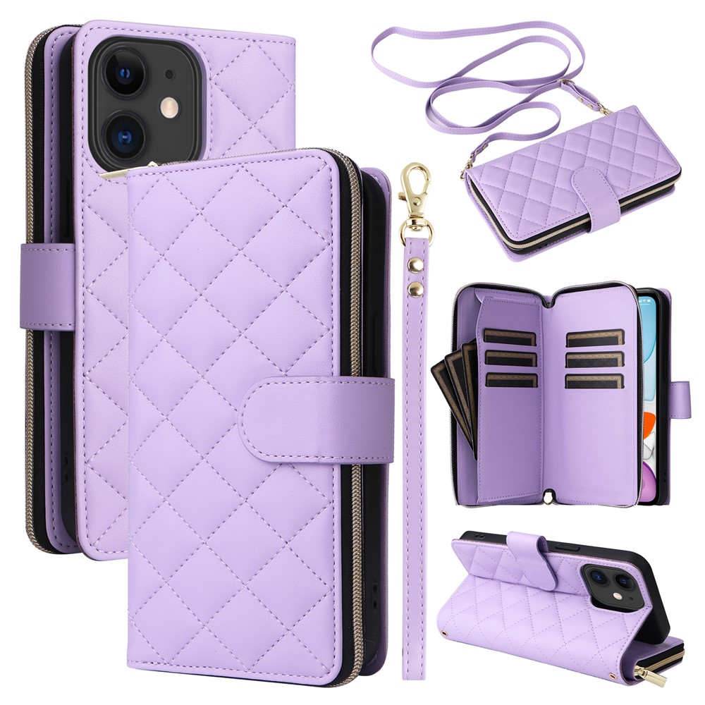 For iPhone 11 Case Leather Zipper Wallet Rhombus Phone Cover with Shoulder Lanyard - Purple