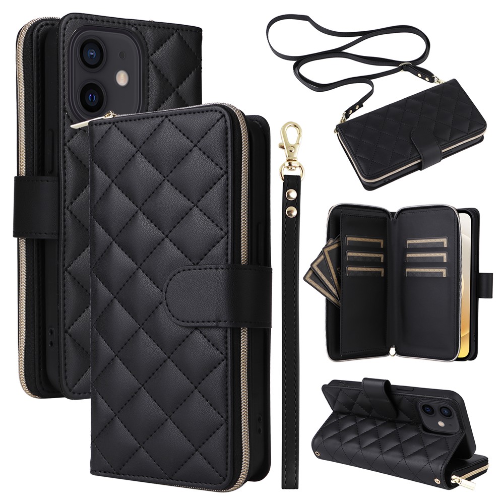 For iPhone 12 mini Zipper Wallet Case Rhombus Leather Handbag Phone Cover - Black