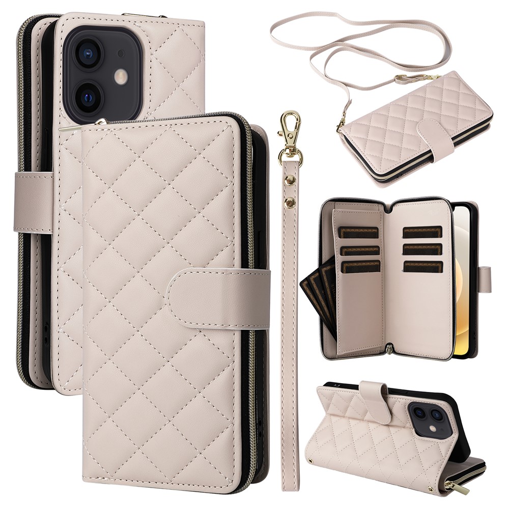 For iPhone 12 mini Zipper Wallet Case Rhombus Leather Handbag Phone Cover - Beige