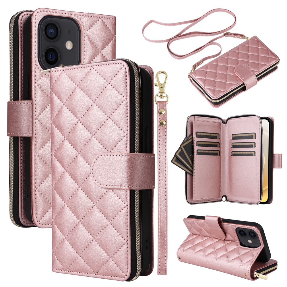 For iPhone 12 mini Zipper Wallet Case Rhombus Leather Handbag Phone Cover - Rose Gold