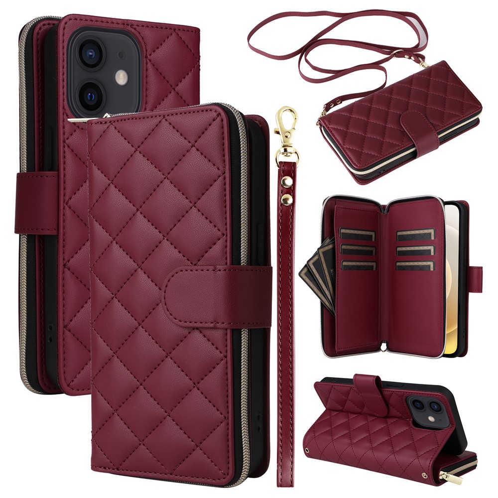 For iPhone 12 mini Zipper Wallet Case Rhombus Leather Handbag Phone Cover - Wine Red