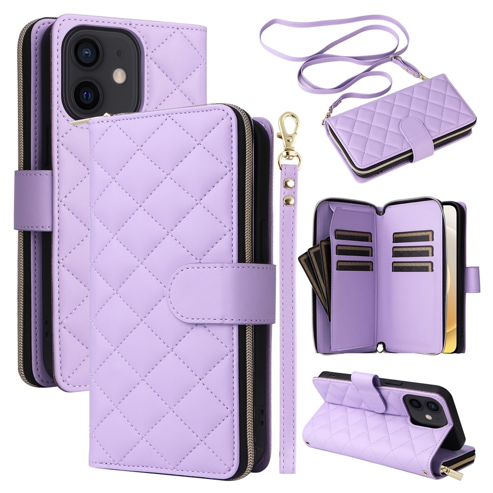 For iPhone 12 mini Zipper Wallet Case Rhombus Leather Handbag Phone Cover - Purple
