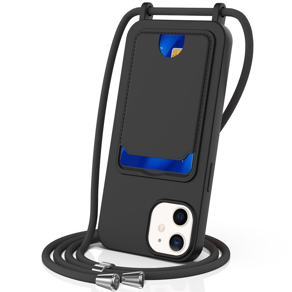 For iPhone 12 Case Crossbody Strap Liquid Silicone Phone Cover with Card Slot - Black