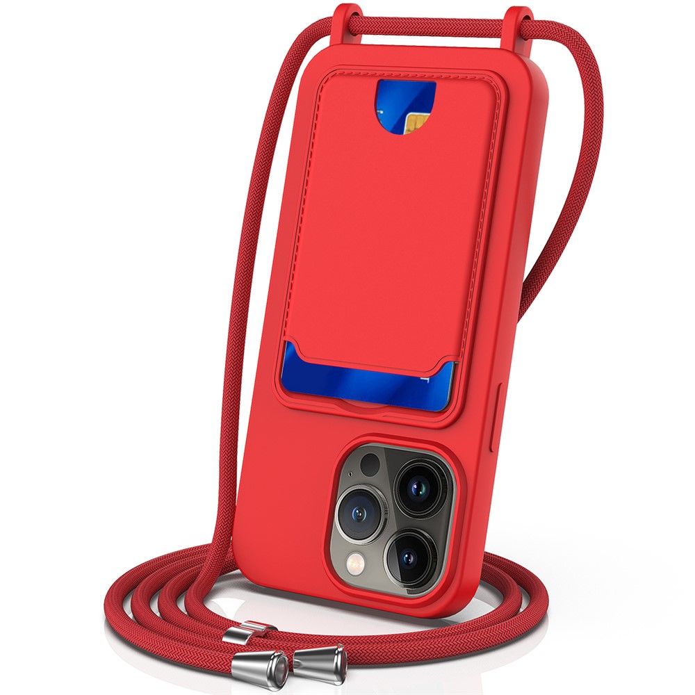 For iPhone 12 Pro Case Card Slot Liquid Silicone Phone Cover with Crossbody Strap - Red