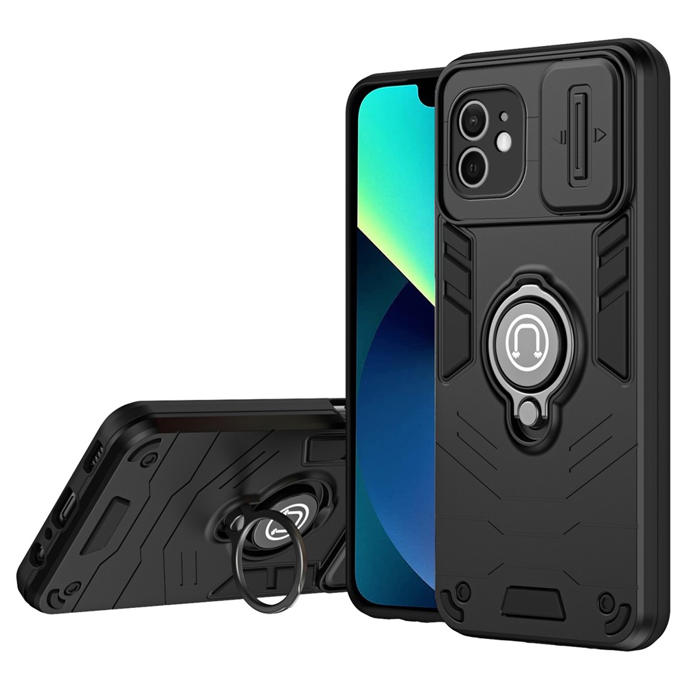 For iPhone 12 Case PC+TPU Phone Protector with Kickstand and Slide Lens Cover -  Black