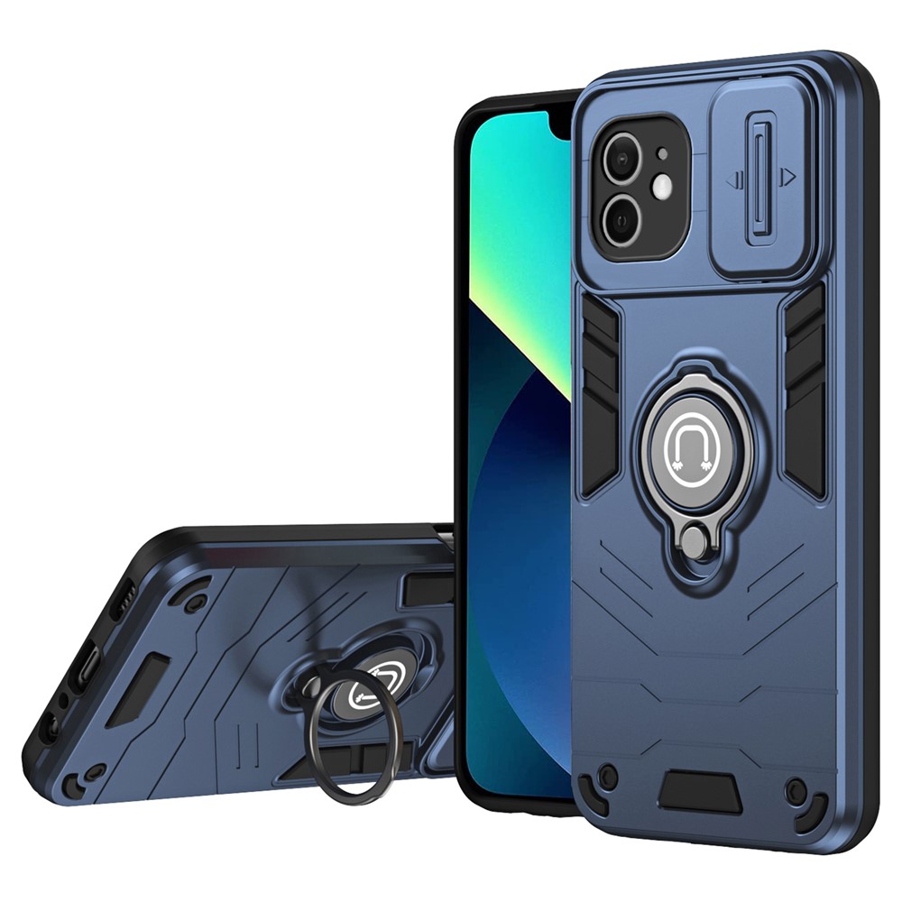 For iPhone 12 Case PC+TPU Phone Protector with Kickstand and Slide Lens Cover -  Blue