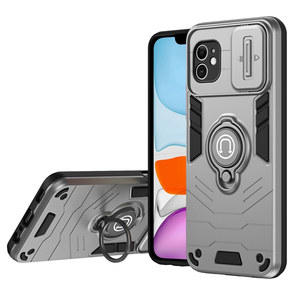 For iPhone 11 Case PC+TPU Kickstand Phone Cases with Slide Lens Cover - Grey