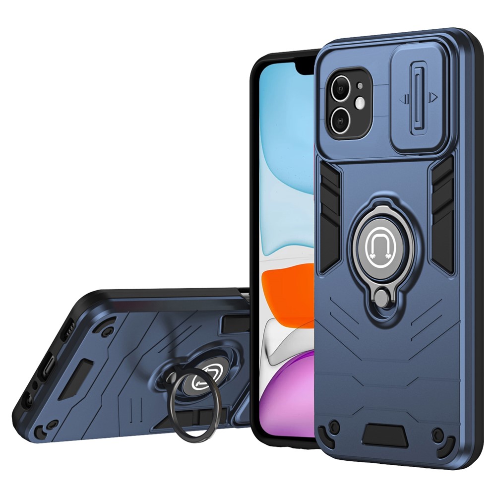 For iPhone 11 Case PC+TPU Kickstand Phone Cases with Slide Lens Cover - Blue