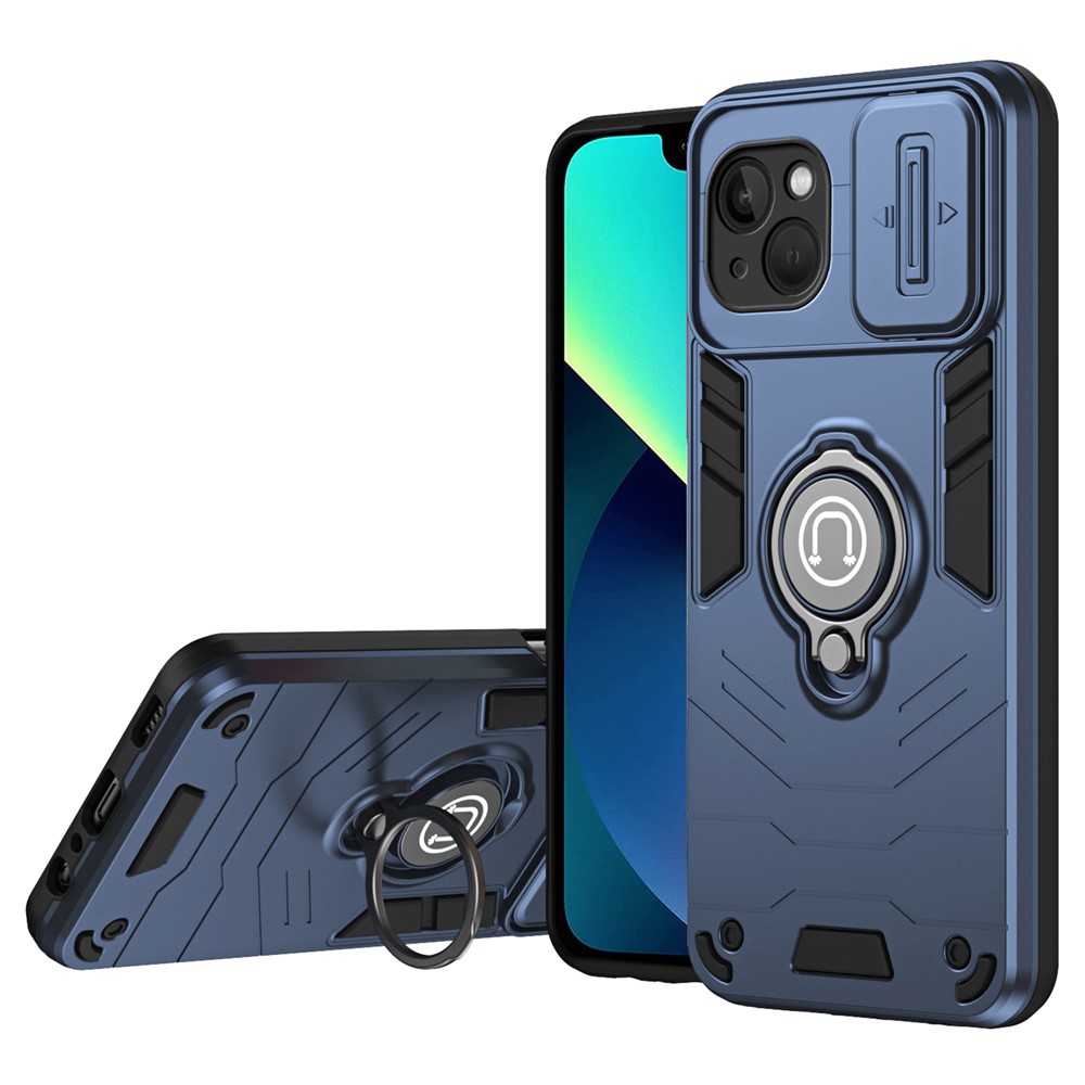 For iPhone 13 Kickstand Case PC+TPU Phone Protector with Slide Lens Cover - Blue