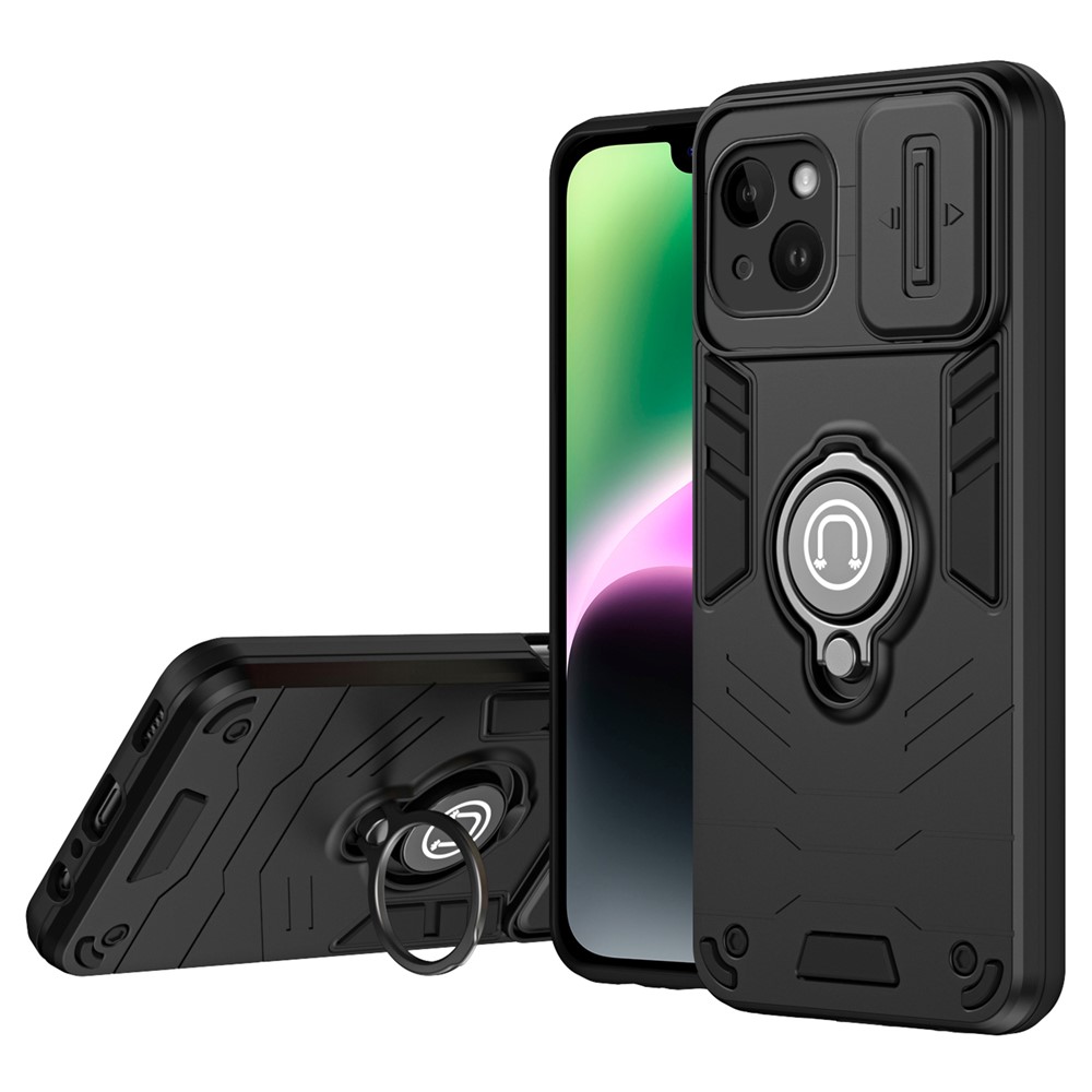 For iPhone 14 Case PC+TPU Anti-Drop Phone Cover with Ring Kickstand - Black