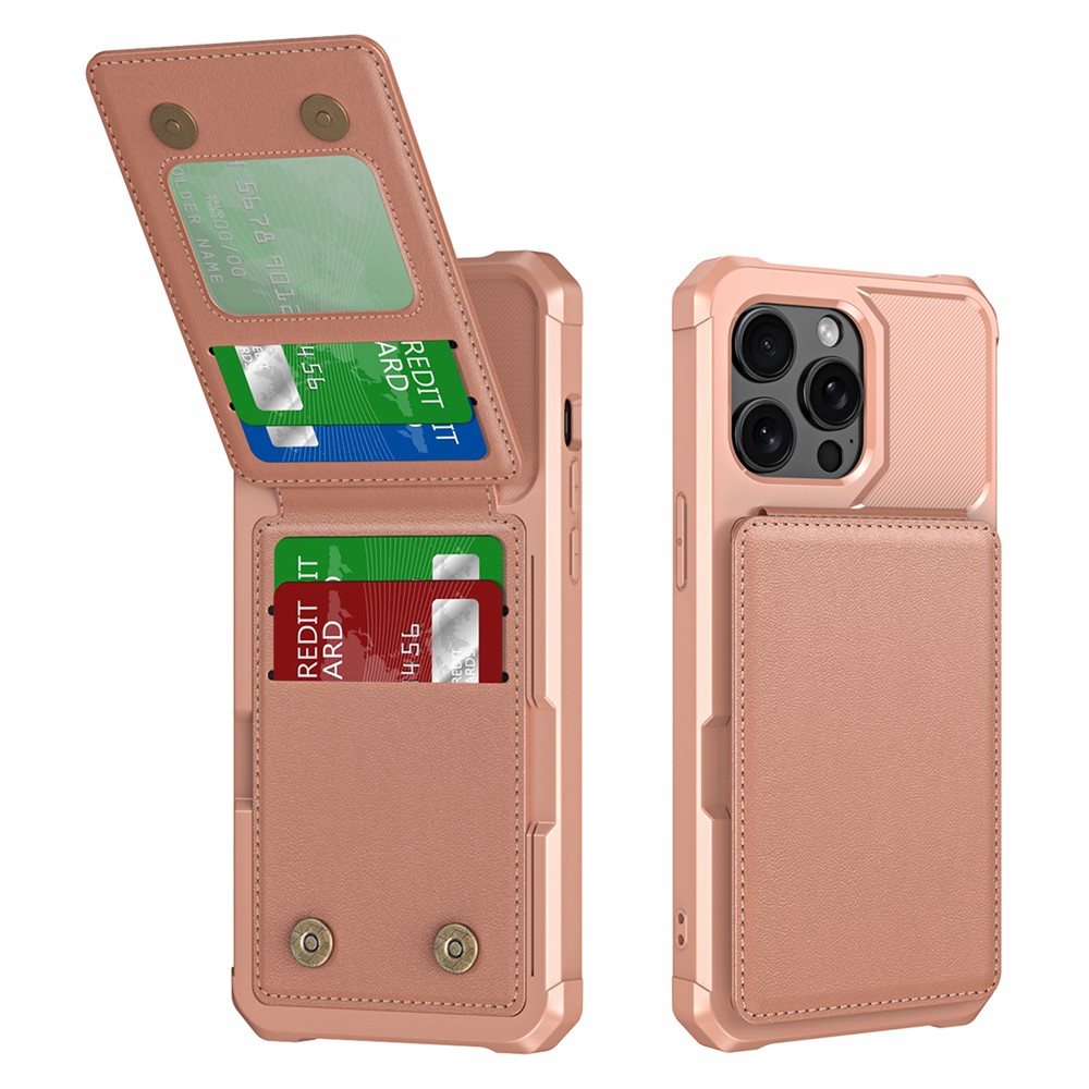 ZM11 For iPhone 13 Pro Max Case Vertical Card Slots PU Leather Coated TPU Kickstand Phone Cover - Rose Gold