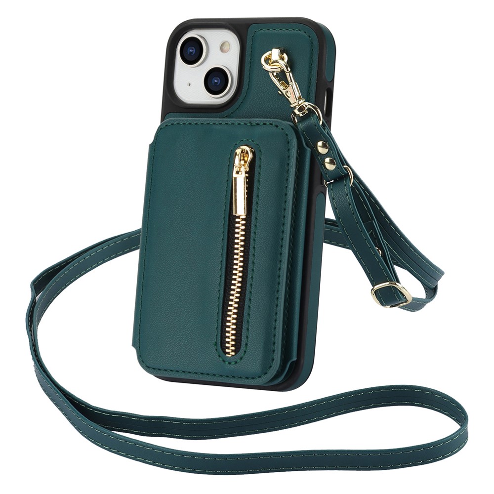 For iPhone 13 Case Zipper Pocket Kickstand Leather+TPU Phone Cover with 2 Straps - Blackish Green