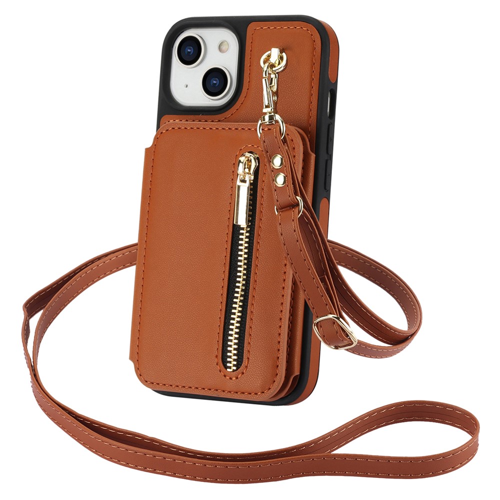 For iPhone 13 Case Zipper Pocket Kickstand Leather+TPU Phone Cover with 2 Straps - Brown
