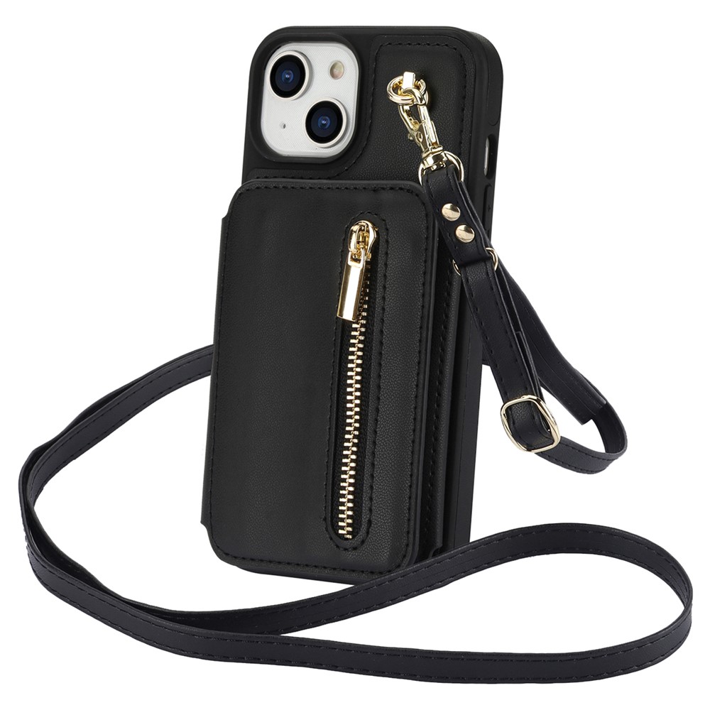 For iPhone 13 Case Zipper Pocket Kickstand Leather+TPU Phone Cover with 2 Straps - Black
