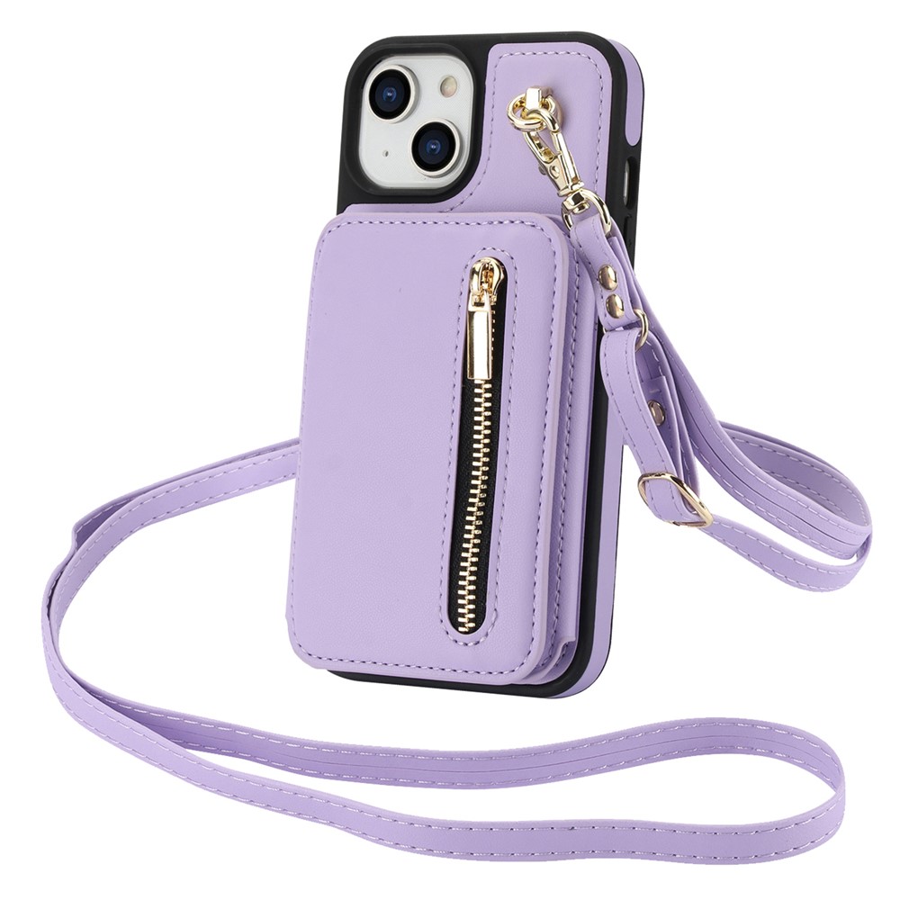 For iPhone 13 Case Zipper Pocket Kickstand Leather+TPU Phone Cover with 2 Straps - Light Purple