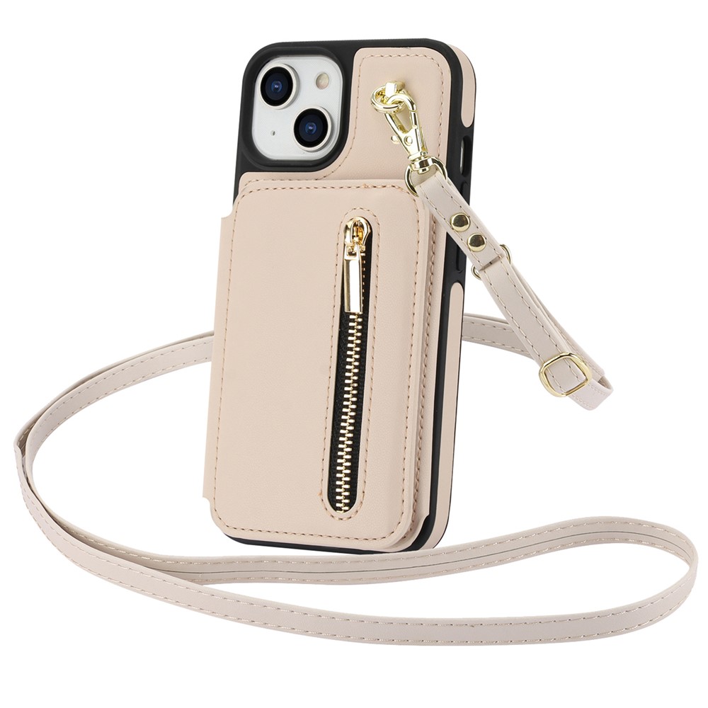 For iPhone 13 Case Zipper Pocket Kickstand Leather+TPU Phone Cover with 2 Straps - Apricot