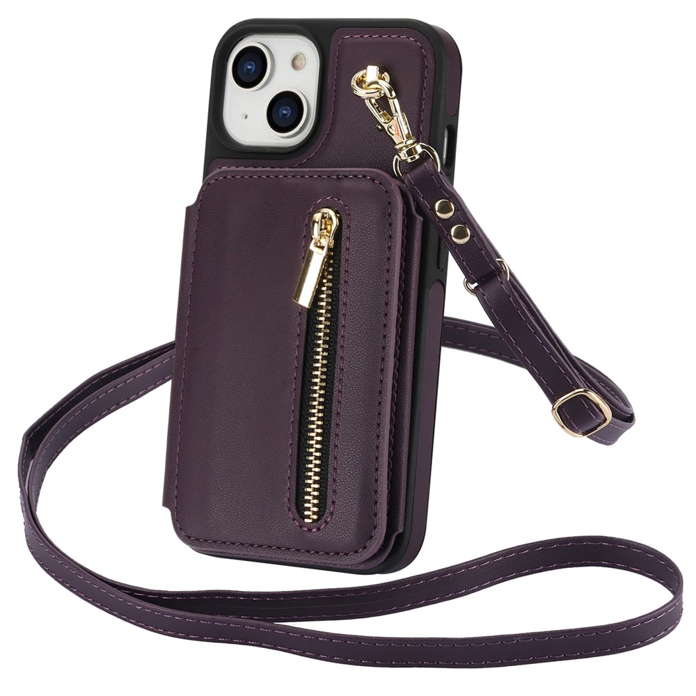 For iPhone 13 Case Zipper Pocket Kickstand Leather+TPU Phone Cover with 2 Straps - Dark Purple