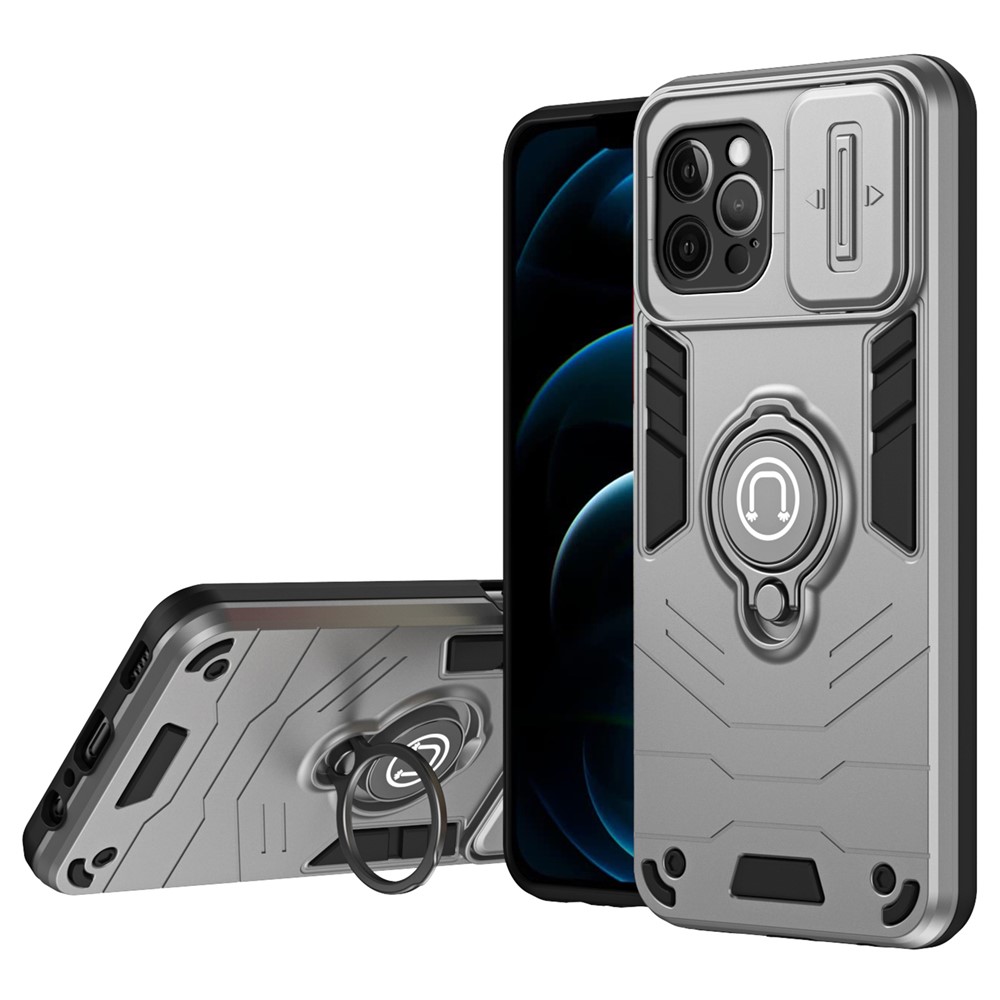 For iPhone 12 Pro Case Camera Protection PC + TPU Phone Cover with Finger Ring Holder - Grey