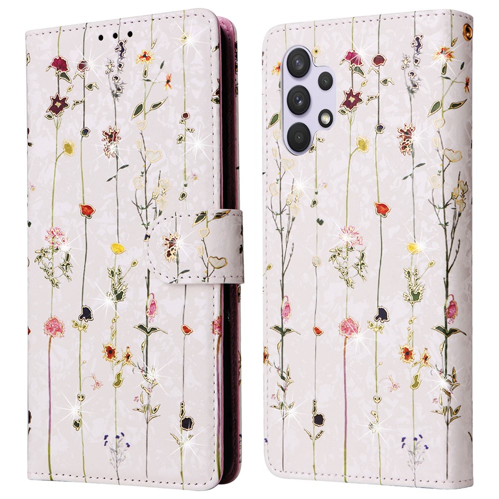 For Samsung Galaxy A32 4G (EU Version) Case Floral Design RFID Blocking Leather Phone Cover - Small Flower