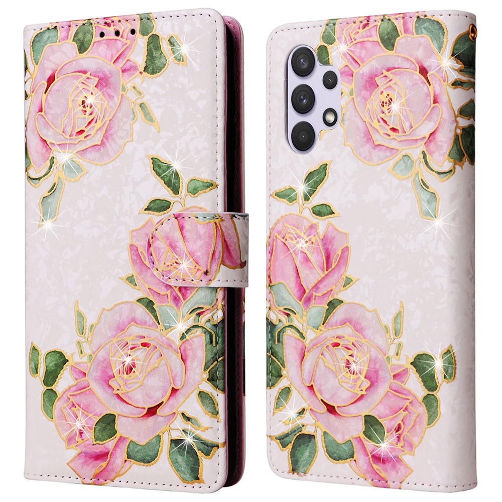 For Samsung Galaxy A32 4G (EU Version) Case Floral Design RFID Blocking Leather Phone Cover - Flower