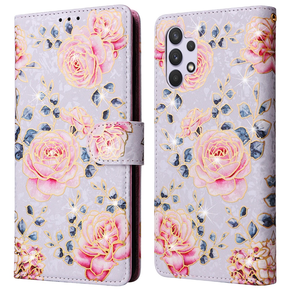 For Samsung Galaxy A32 4G (EU Version) Case Floral Design RFID Blocking Leather Phone Cover - Rose Flower